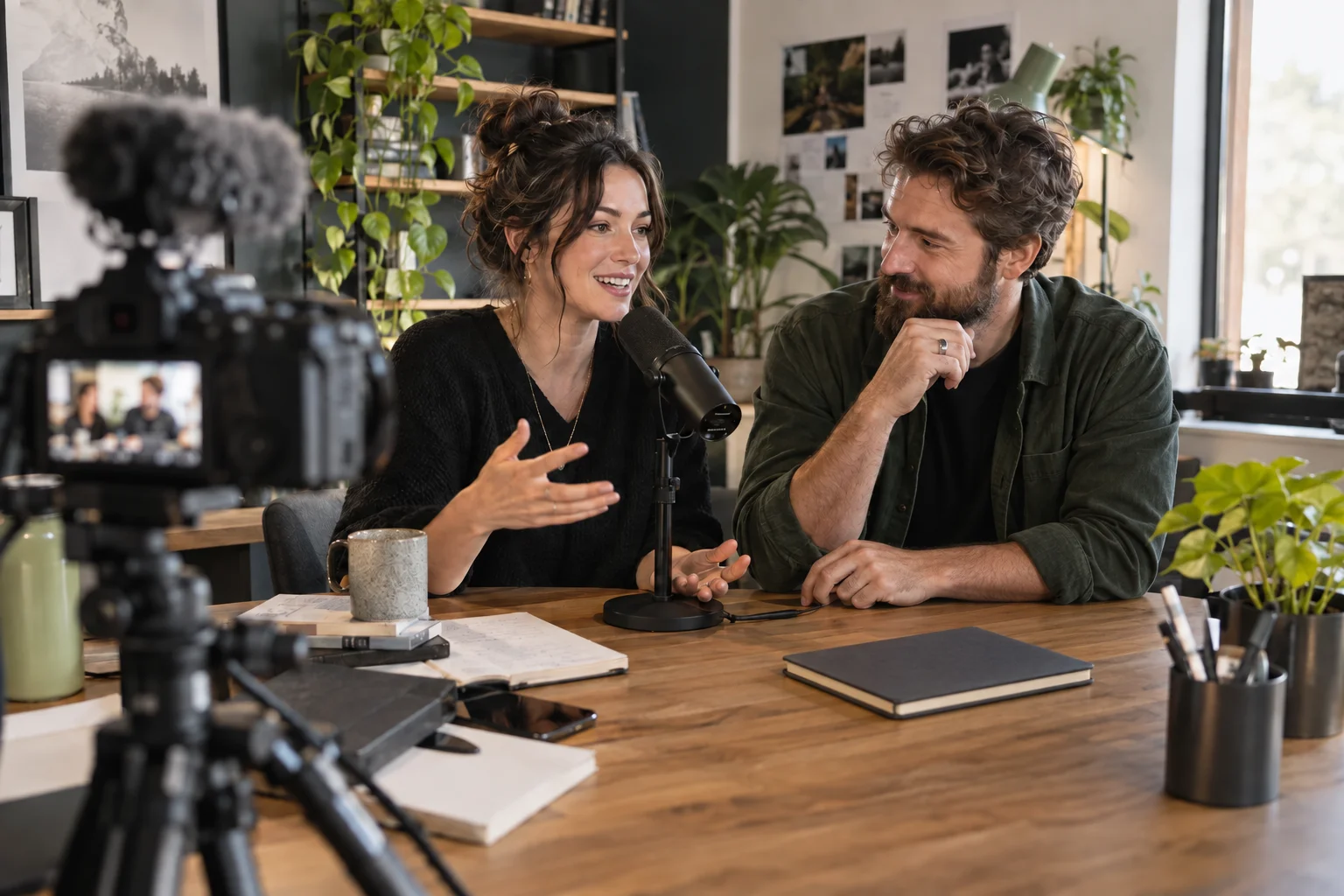 Illustration of a creator and business owner recording a podcast in a sunlit studio